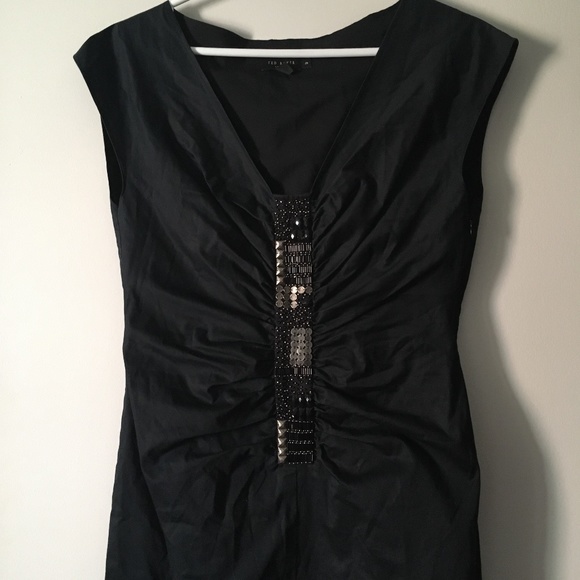 TED BAKER Elva Black Stretch Cotton Embellished Front Dress 3 - Picture 4 of 7